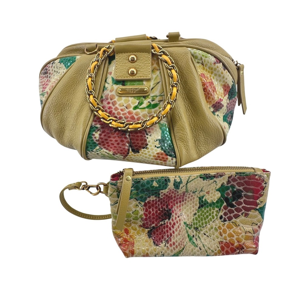 Vtg Sharif Floral Snake Print Satchel Bag & Wristlet M Yellow Maximalist Boho